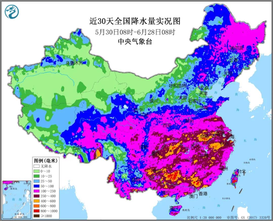 ▲圖為近30天全國(guó)降水實(shí)況圖。來源：中央氣象臺(tái)