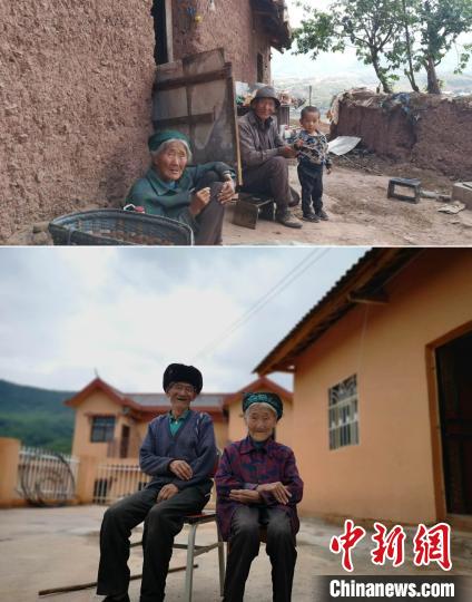 上圖為甲甲溝村村民羅木你坡夫婦所住的舊房，下圖為夫婦倆遷入的新居。(拼版圖) 張浪 攝
